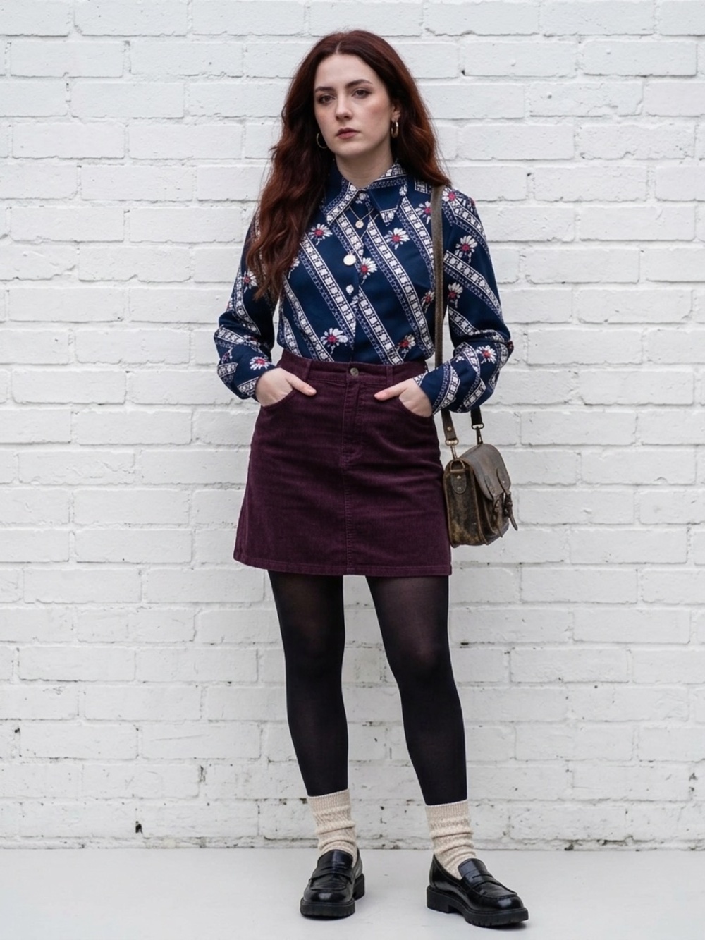 Vintage 70s Whimsigoth Dagger Collar Navy Geometric Daisy Blouse